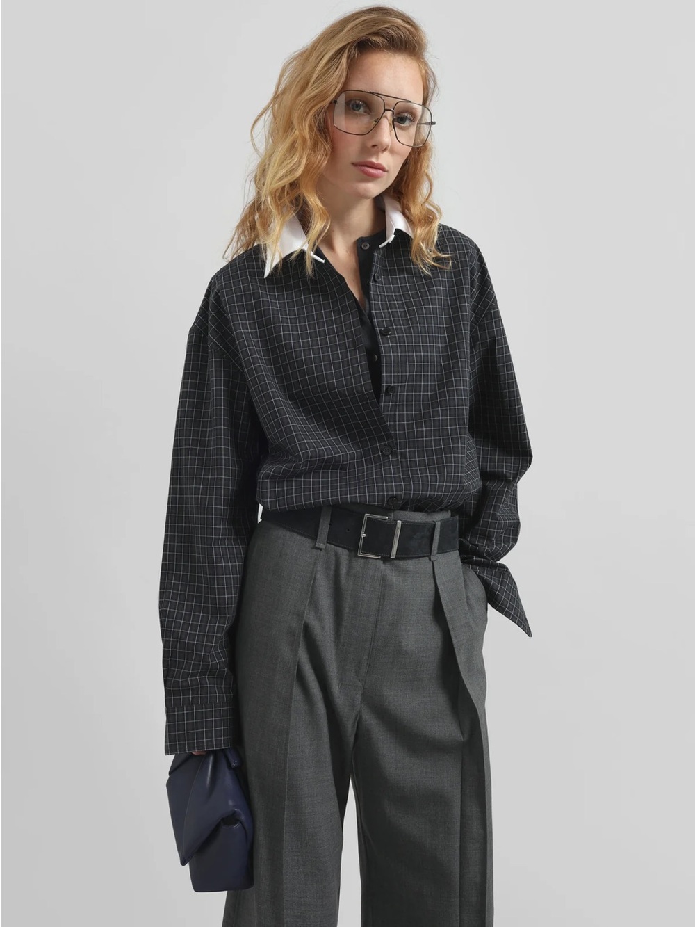 The Frankie Shop Hylan Checked Plaid Button Down Shirt Dark Grey Size XS